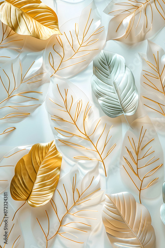 Seamless pattern with leaves and feathers. photo