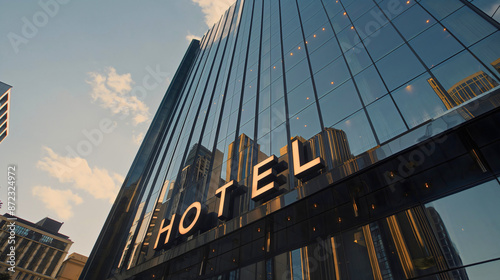 Outdoor front view of luxury hotel building entrance with text sign. Modern glass facade architecture exterior view, tourism resort place, city street view