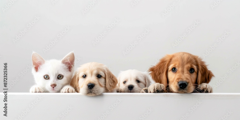 group of puppies and kitten peeking over white surface, cute pets studio shot group of puppies and kitten peeking over white surface, cute pets studio shot