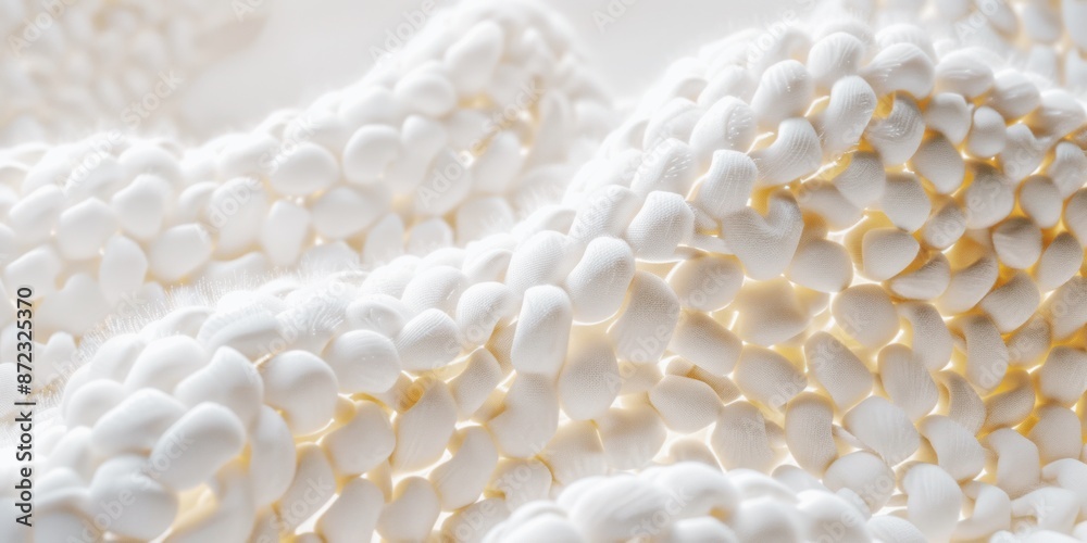 close-up of soft white knitted fabric texture, cozy warm textile material background
