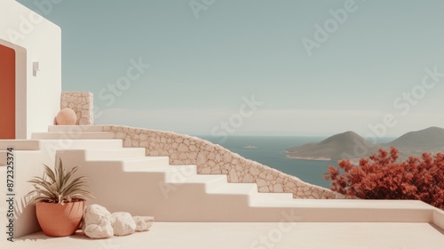 A white house with a red door and a white staircase leading up to it. The house is situated on a hill overlooking the ocean. The scene is serene and peaceful, with the ocean as a backdrop