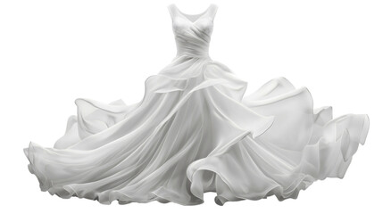 White long wedding dress isolated on transparent background. Bridal fashion and elegance clothing style, woman female person in marriage, bride beauty, full body, girl, mock up