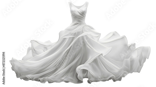 White long wedding dress isolated on transparent background. Bridal fashion and elegance clothing style, woman female person in marriage, bride beauty, full body, girl, mock up
