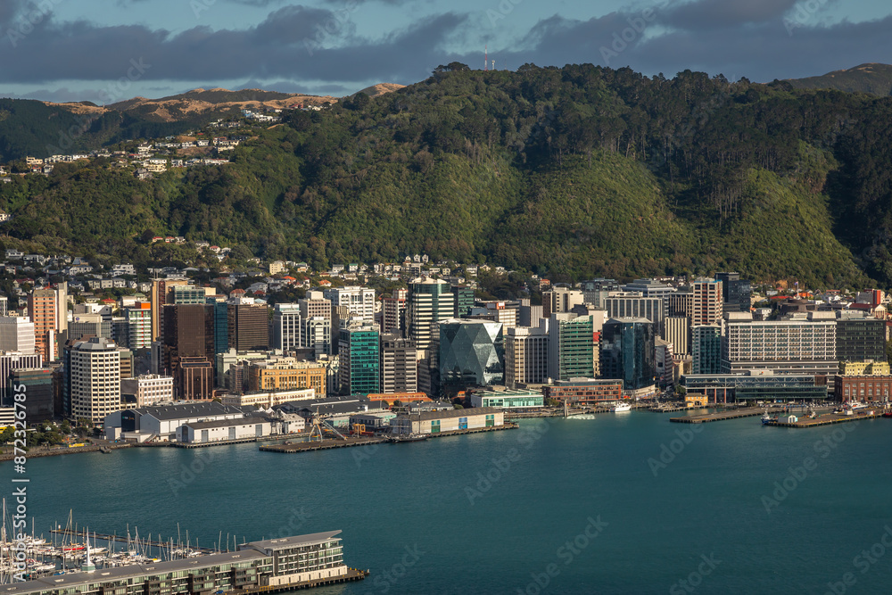 Exposure of New Zealand's Capital Wellington, namely its Central Business District viewed from Mount Victoria, at day time on a beautiful sunny day, Australia Exposure of New Zealand's Capital Wellington, namely its Central Business District viewed from Mount Victoria, at day time on a beautiful sunny day, Australia