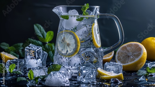 A pitcher of iced water with lemon slices and mint leaves, surrounded by frosty fruit ice cubes photo