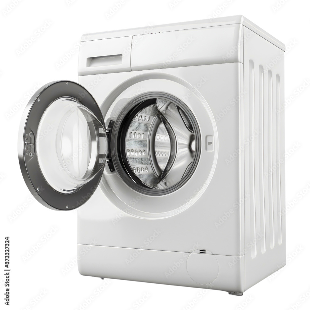 White washing machine isolated on transparent background. Dirty clean laundry clothes electronic washer, domestic home household technology appliance, open glass drum door White washing machine isolated on transparent background. Dirty clean laundry clothes electronic washer, domestic home household technology appliance, open glass drum door