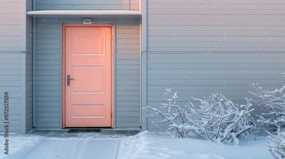 pastel peach door with classic paneling on a modern grey house, soft and warm against the winter chill pastel peach door with classic paneling on a modern grey house, soft and warm against the winter chill