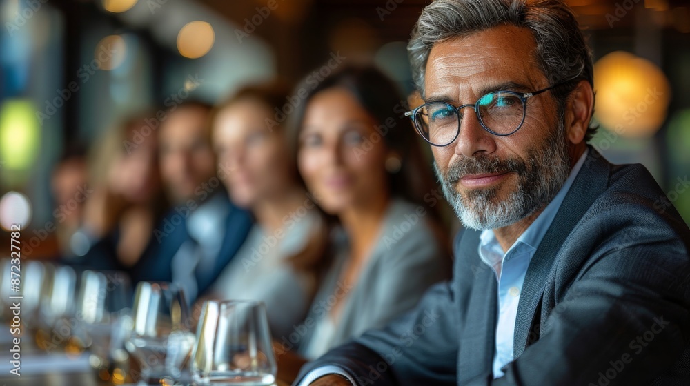 Bearded man in glasses and a suit sits at a table with colleagues in a business meeting, highlighting the professional setting and focus on teamwork and discussion. Bearded man in glasses and a suit sits at a table with colleagues in a business meeting, highlighting the professional setting and focus on teamwork and discussion.