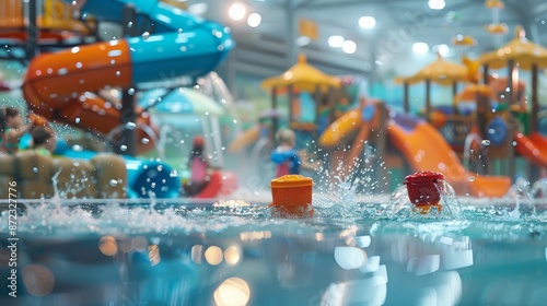 A playful children's pool with water slides and fountains photo