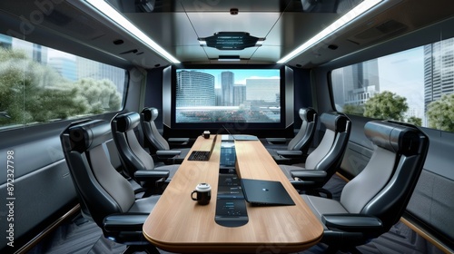 A modern bus interior with a large meeting table, comfortable seats, and a large screen. The bus is likely for business travel or commuting.