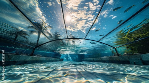 A pool with a glass bottom, offering a unique view of the underwater world beneath photo
