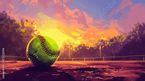 Closeup of yellow softball sport ball on outdoor court play field. Copy space, game league championship competition, nobody, tournament banner