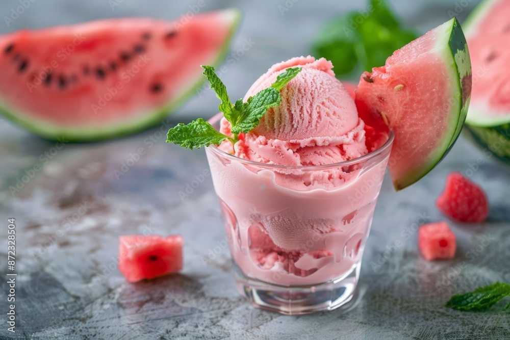 Creamy watermelon ice cream in a glass topped with mint and a watermelon slice Creamy watermelon ice cream in a glass topped with mint and a watermelon slice