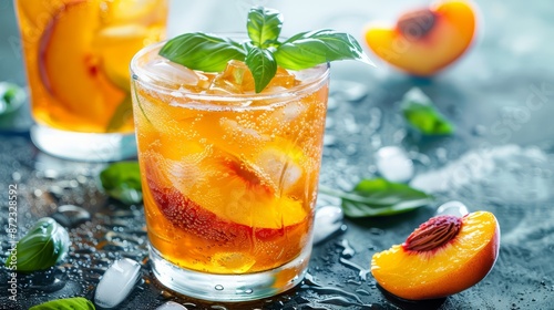 A refreshing iced tea garnished with frozen peach slices and basil leave photo