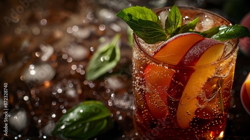 A refreshing iced tea garnished with frozen peach slices and basil leave photo