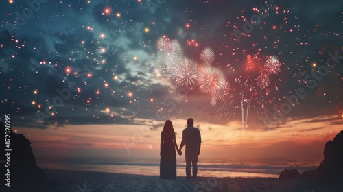 A romantic couple holding hands as they watch fireworks burst over the horizon