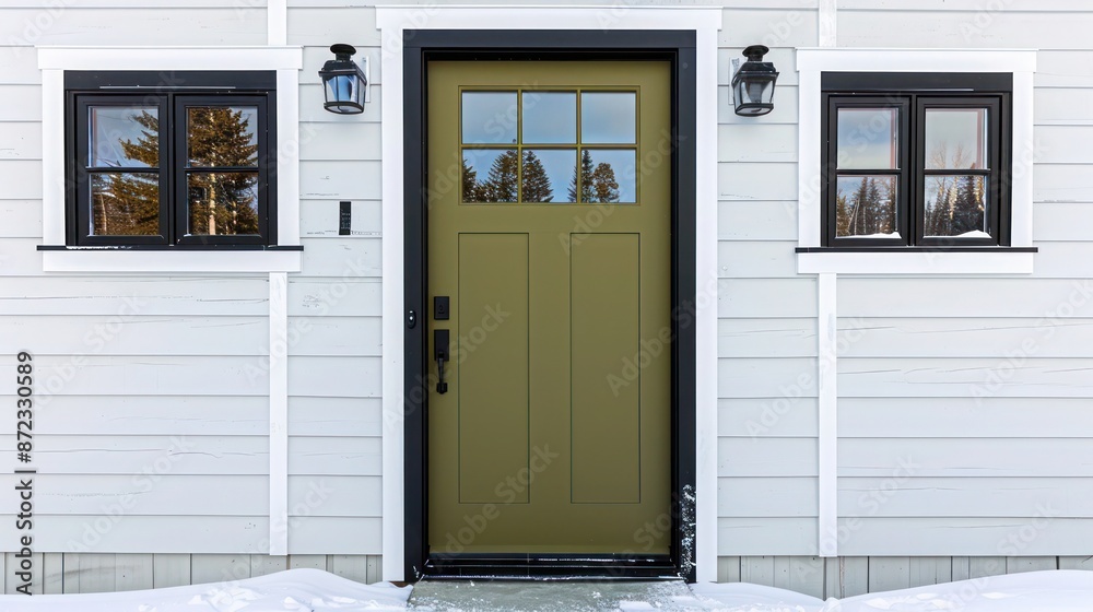 Fototapeta premium matte olive green door with sleek, black trim on a minimalist white house, offering a subtle yet inviting entrance in winter