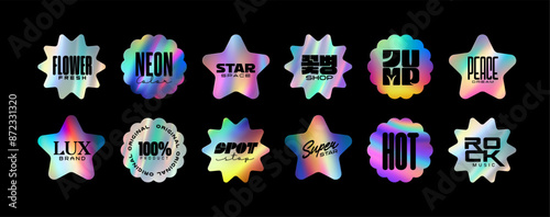 Holographic stickers. Hologram labels of star shapes. Sticker shapes for design mockups. Holographic textured stickers for preview tags, labels. Vector illustration