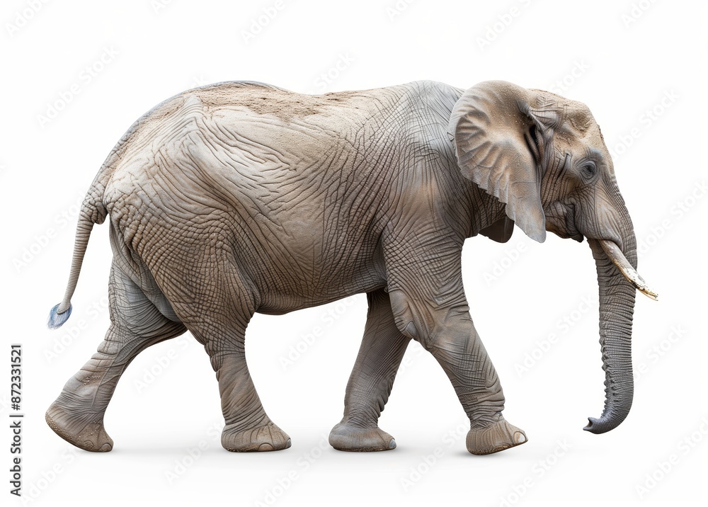 Realistic Grey Elephant Walking to the Right, Isolated on White Background Realistic Grey Elephant Walking to the Right, Isolated on White Background