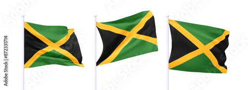 Set of Jamaican waving flag on flagpole. Realistic 3d design flag flies on the wind on isolated white background. vector illustration