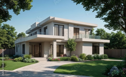 A Contemporary Dwelling with Stylish Architecture, Beautiful Exterior Design, and a Serene Garden Setting. Perfect Family Home in a Residential Neighborhood, Featuring Thoughtful Construction