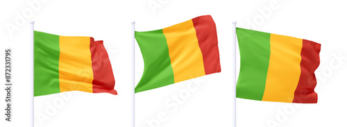 Set of Mali waving flag on flagpole. Realistic 3d design flag flies on the wind on isolated white background. vector illustration