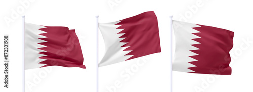 Set of Qatar waving flag on flagpole. Realistic 3d design flag flies on the wind on isolated white background. vector illustration