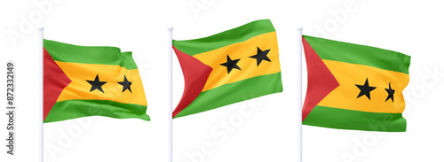 Set of Sao tome and Principe waving flag on flagpole. Realistic 3d design flag flies on the wind on isolated white background. vector illustration