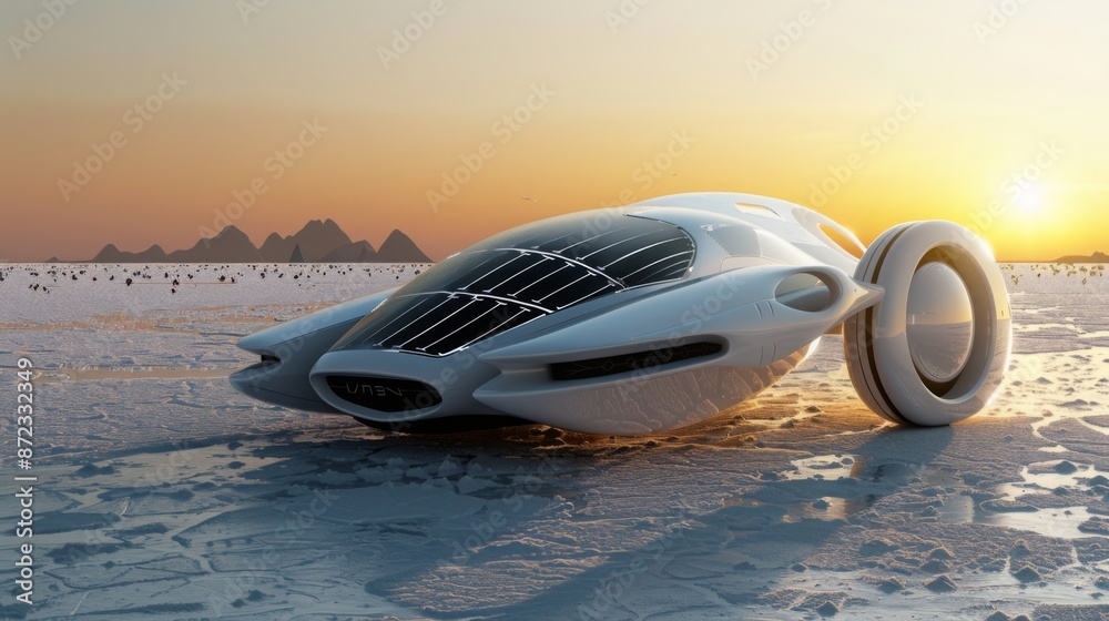 Fototapeta premium A futuristic, white car with a solar panel roof sits on a salt flat, with the setting sun casting a warm glow across the landscape.