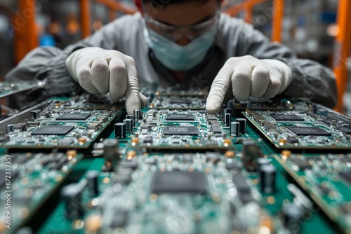 Close-up of a pair of gloved hands meticulously examining a complex motherboard with various electronic components photo