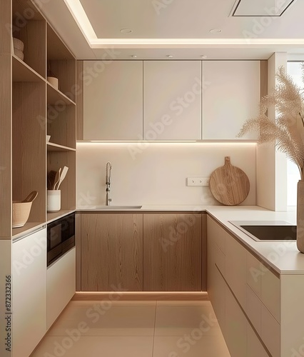 Modern minimalist kitchen, with white walls and light wood cabinets, beige countertop and top surface, white lights above the cabinet.