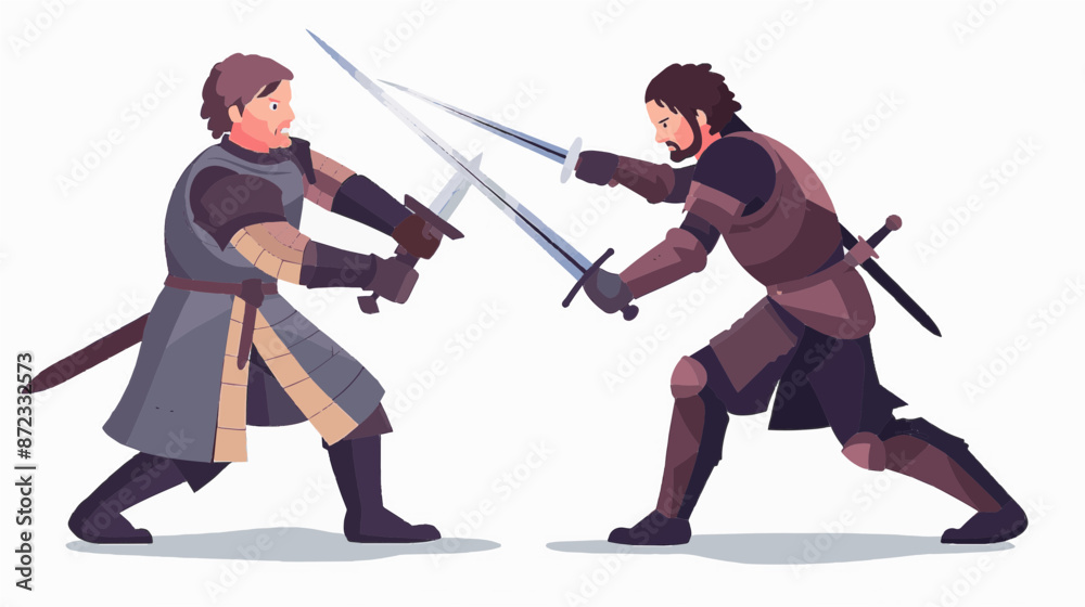 Epic sword fighting duel with armored knights in a historical setting. Fantasy character vector art isolated on a white background. Epic sword fighting duel with armored knights in a historical setting. Fantasy character vector art isolated on a white background.