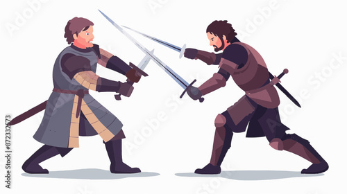 Epic sword fighting duel with armored knights in a historical setting. Fantasy character vector art isolated on a white background.