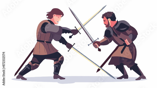 Action packed medieval battle between knights with swords and shields. Fantasy character vector art isolated on a white background.