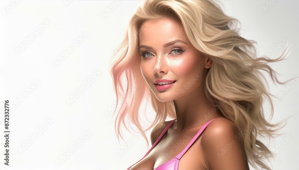 studio portrait of blonde woman wearing pink bikini on white background studio portrait of blonde woman wearing pink bikini on white background