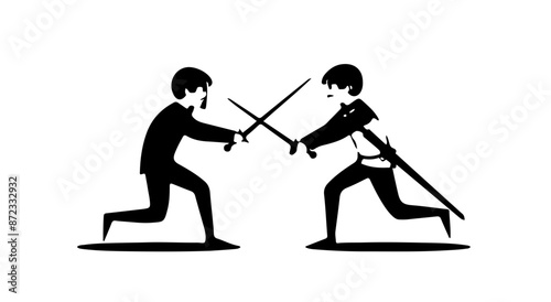 Two young soldiers in a sword fight. Fantasy character fight scene vector art isolated on a white background.