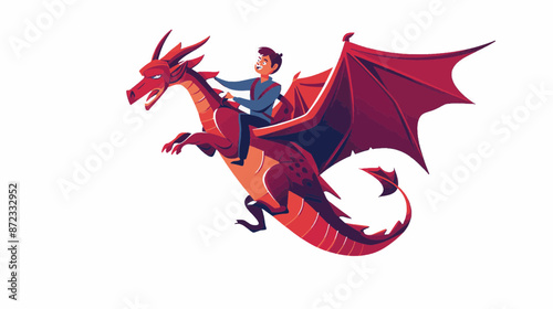 Mythical dragon with a rider in modern flat design. Fantasy character vector art isolated on a white background.