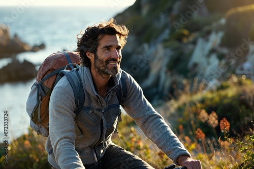 A man in a red jacket bikes along the coast at sunset, enjoying the beauty of nature and the stunning landscape AIG58 photo