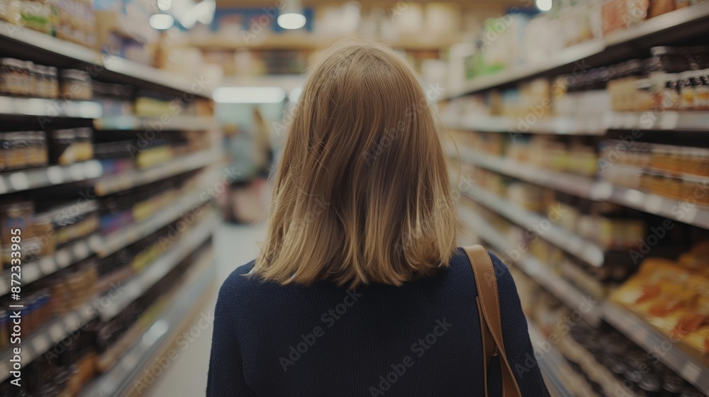 Fototapeta premium women with blonde hair seen from behind shopping in a grocery store aisle