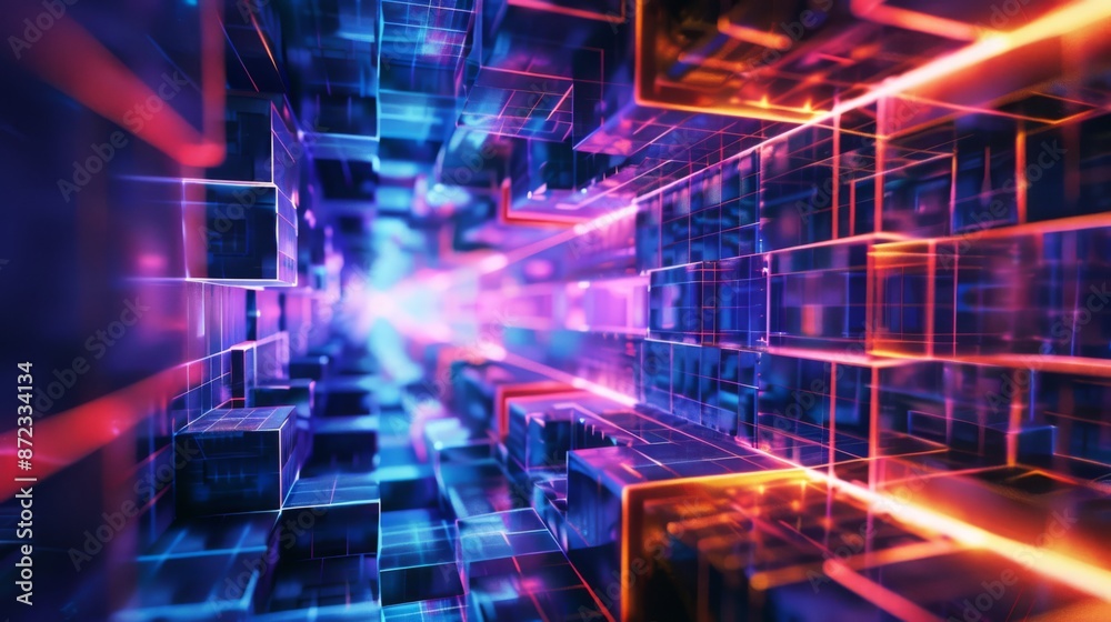 Fototapeta premium Abstract image of a vibrant futuristic tunnel with glowing neon grids and floating cubes. The dynamic scene features interconnected lines and radiant blue and pink light effects