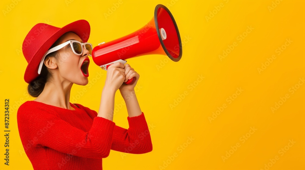 woman wearing a red hat and white sunglasses shouting into a red megaphone shopping sale woman wearing a red hat and white sunglasses shouting into a red megaphone shopping sale