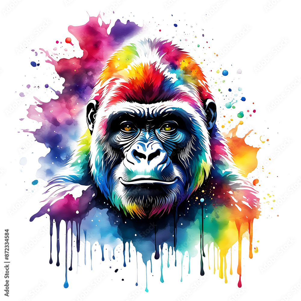 Gorilla Portrait in regenbogen bunten Wasserfarben mit Spritzern und Kleksen vor einem weißen Hintergrund als Vorlage kunstvolle Gestaltung Elemente Tiere in natürlicher Vielfalt wild ernst stark Gorilla Portrait in regenbogen bunten Wasserfarben mit Spritzern und Kleksen vor einem weißen Hintergrund als Vorlage kunstvolle Gestaltung Elemente Tiere in natürlicher Vielfalt wild ernst stark