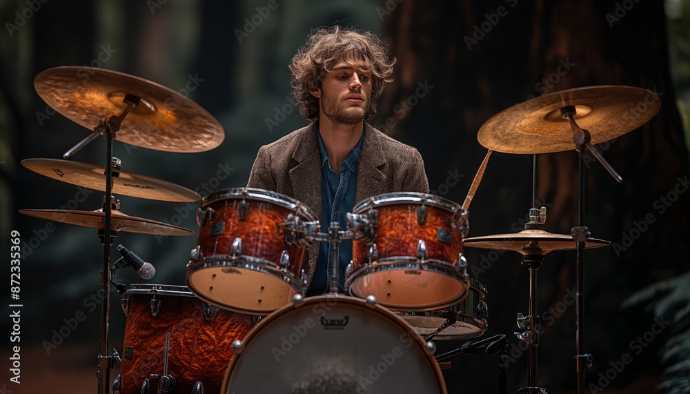 A focused young man playing drums in a forest setting displays passion for music and nature A focused young man playing drums in a forest setting displays passion for music and nature
