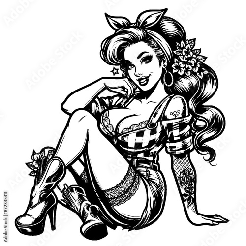 classic pin-up farm girl illustration black and white vector