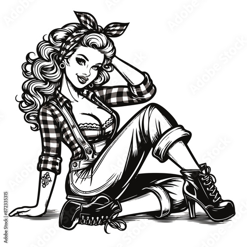 classic pin-up farm girl illustration black and white vector