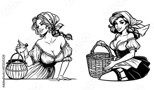 pin-up style farm girl illustration black and white vector graphics