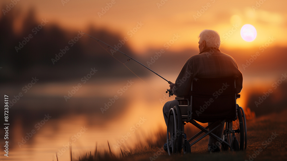 An elderly man in a wheelchair, fishing by a tranquil riverside during golden hour An elderly man in a wheelchair, fishing by a tranquil riverside during golden hour