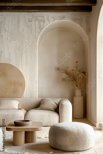 Beige boucle sofa and pouf against arch stucco wall. Minimalist, japandi interior design of modern living room. photo