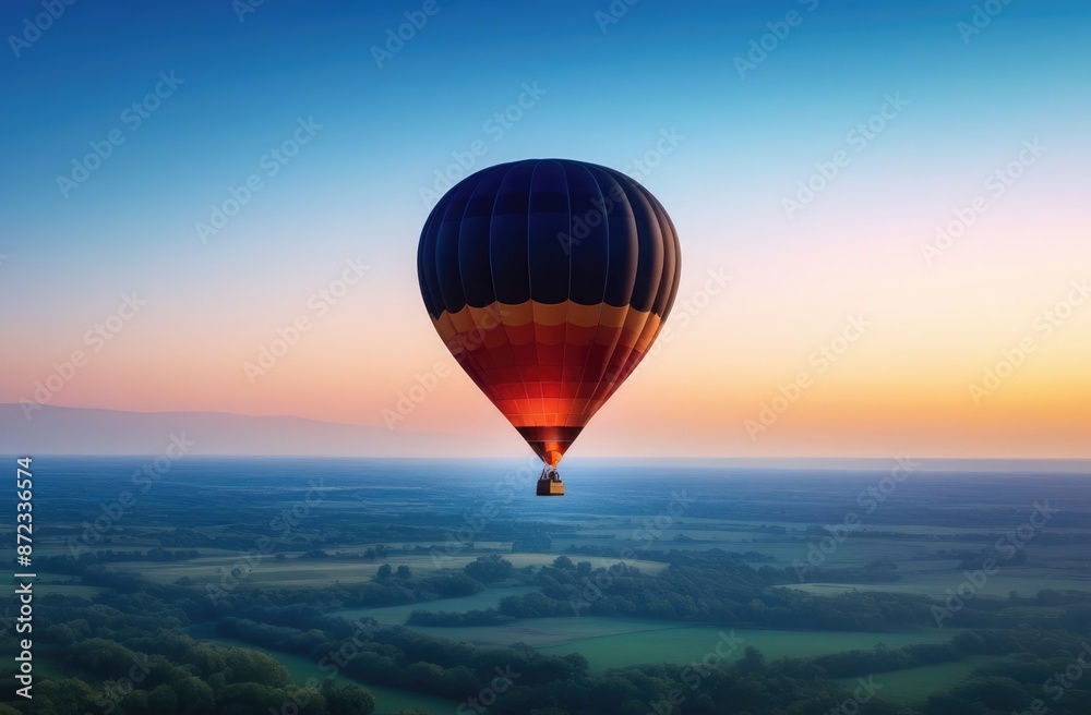 Naklejka premium Banner. People fly in hot air balloons over a field at sunset. Active recreation concept.