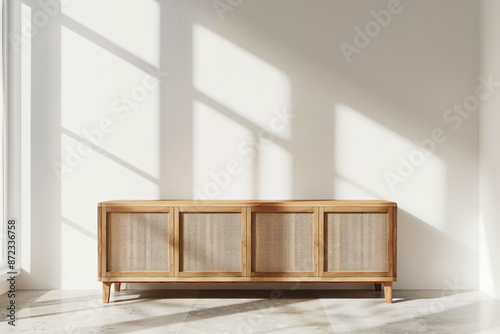 Wooden dresser with rattan detail in light minimalist room, space for product display, generative ai photo